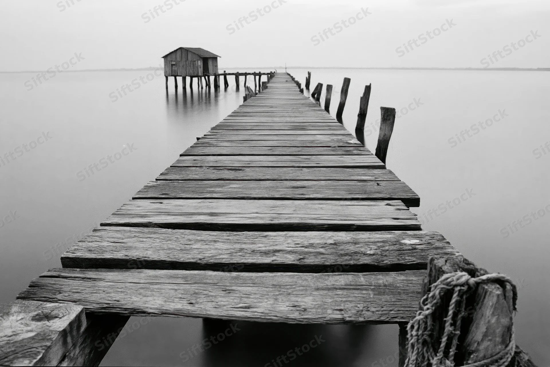 Weathered wooden fishing pier extending into calm estuary water