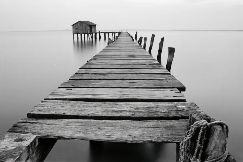 Weathered wooden fishing pier extending into calm estuary water