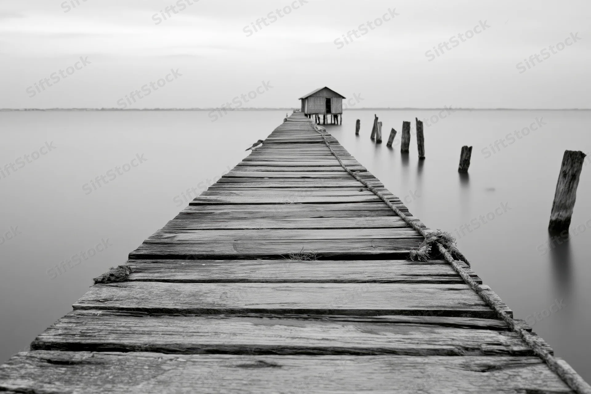 Weathered wooden fishing pier extending into calm estuary water