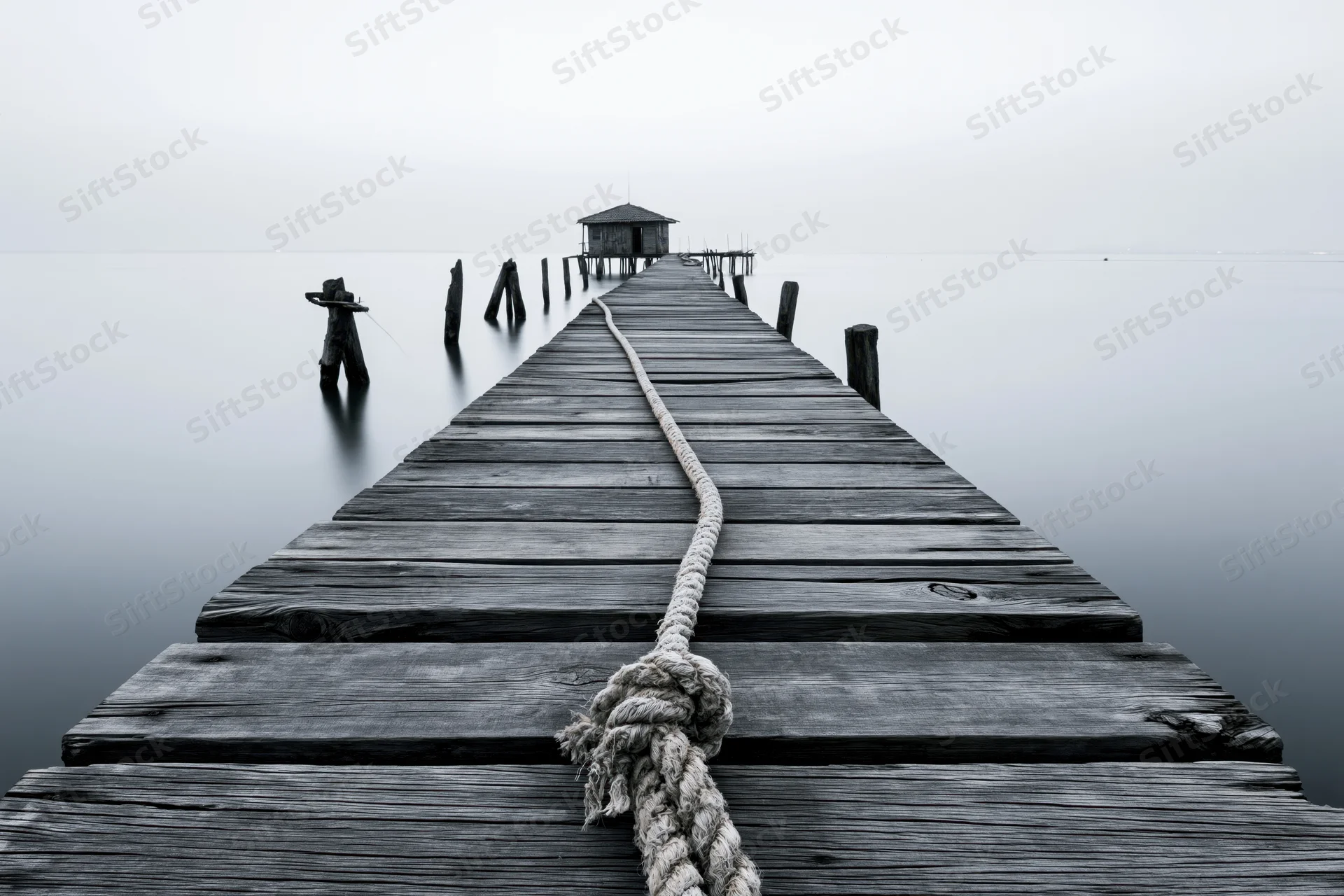 Weathered wooden fishing pier extending into calm estuary with rope and knot on deck
