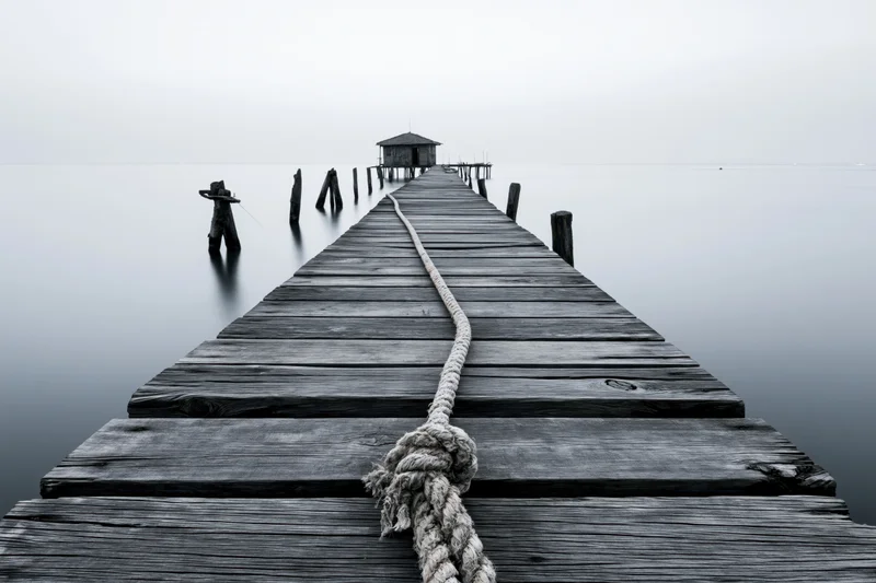 Weathered wooden fishing pier extending into calm estuary with rope and knot on deck