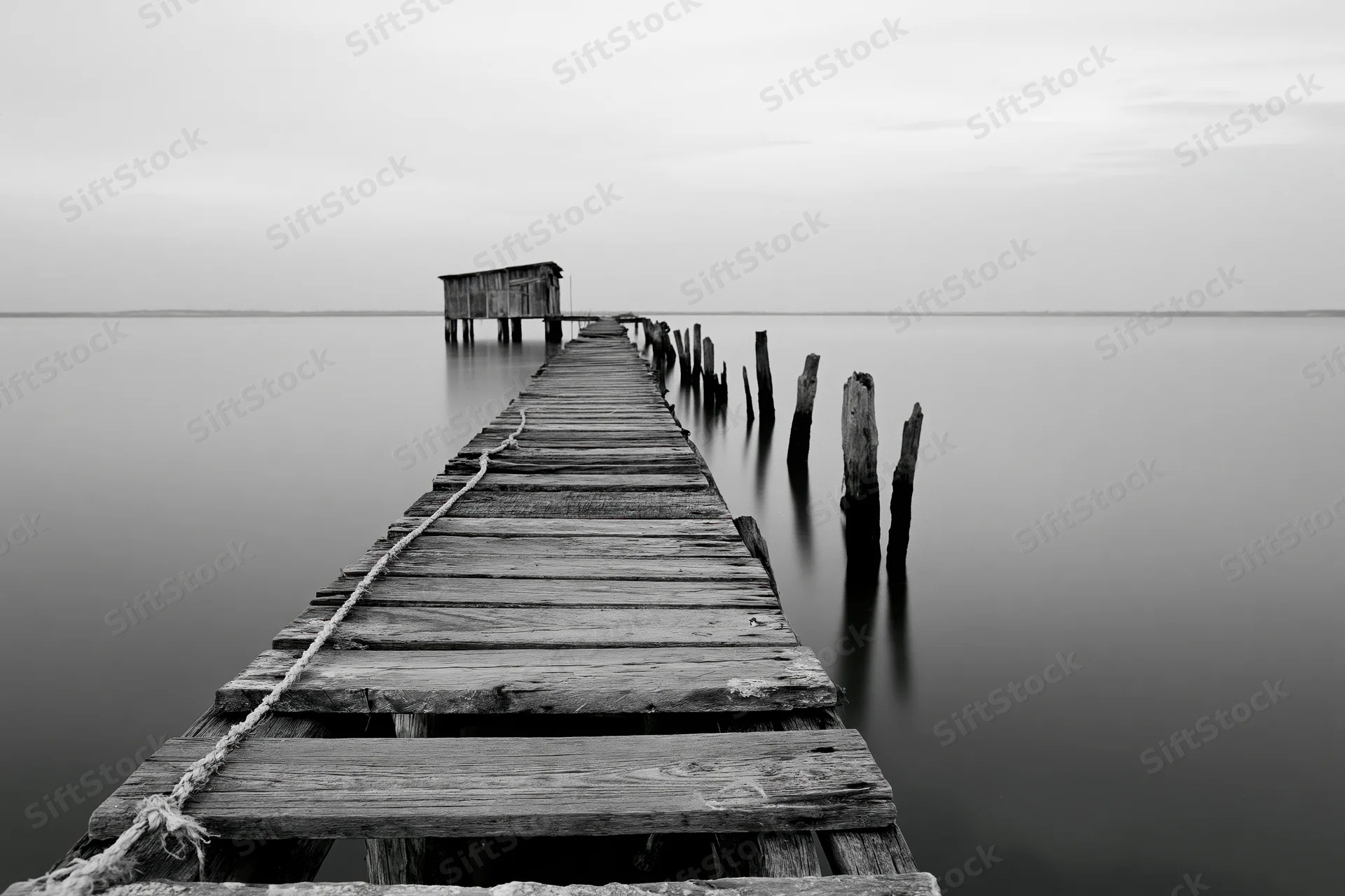 Weathered wooden fishing pier extending into calm estuary water