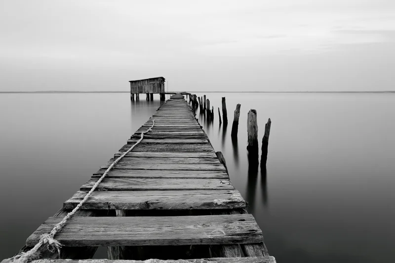 Weathered wooden fishing pier extending into calm estuary water