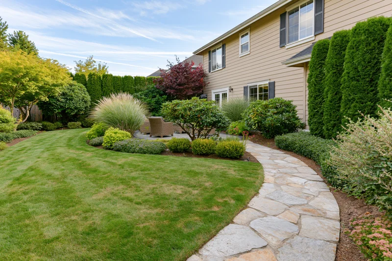 Well-maintained suburban backyard with manicured green lawn, stone pathway, shrubs and patio furniture beside beige house