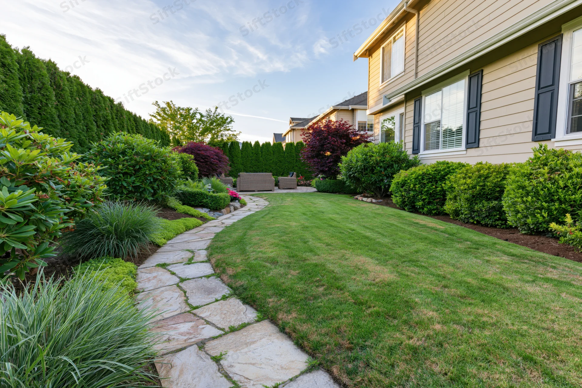 Manicured green lawn with stone pathway and shrubs in suburban backyard