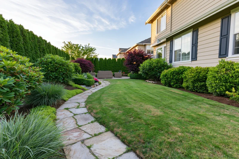 Manicured green lawn with stone pathway and shrubs in suburban backyard