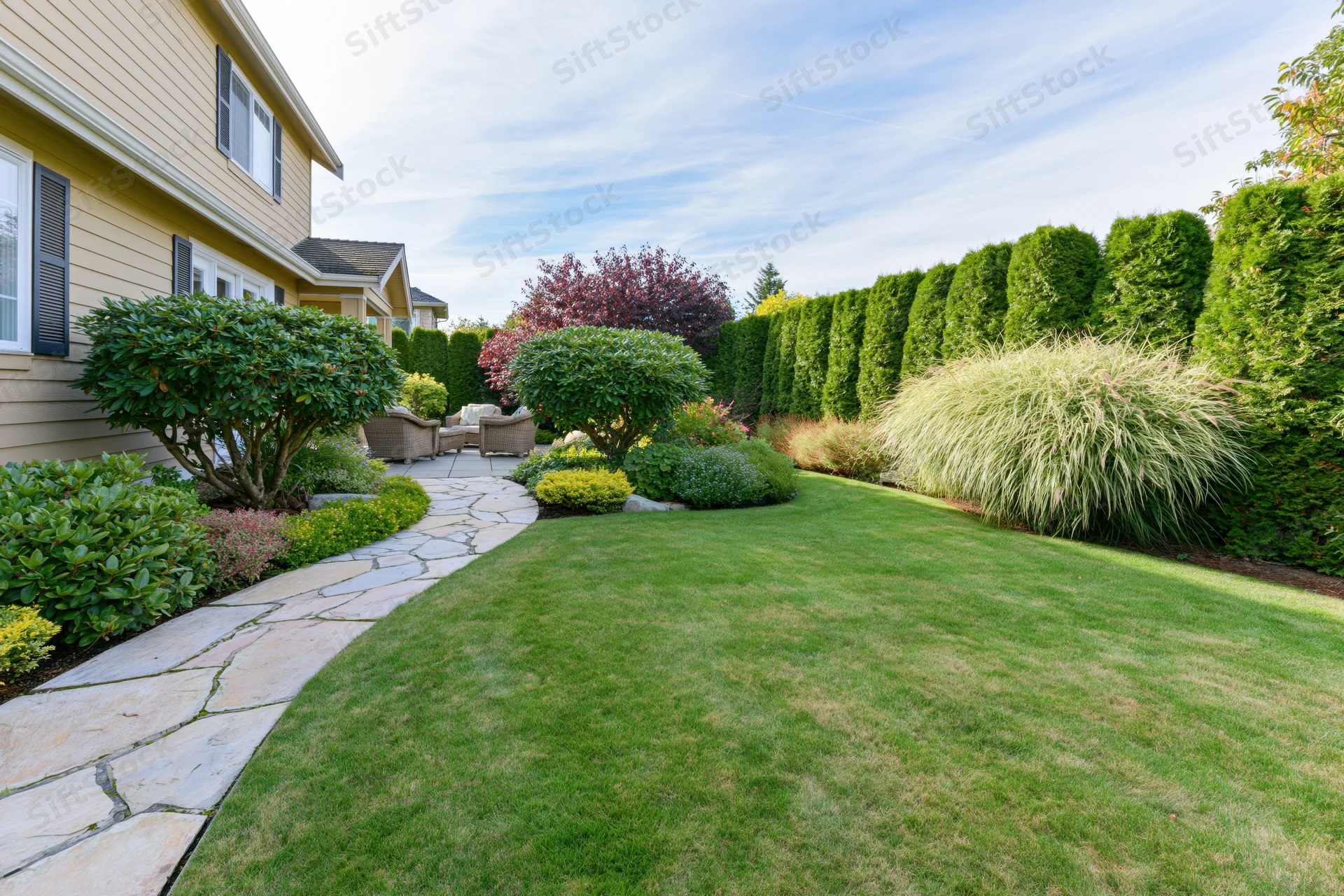 Well-maintained suburban backyard with manicured green lawn, stone pathway, and landscaped garden bordering a house