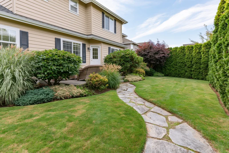 Well-maintained suburban backyard with manicured green lawn and stone pathway leading to house entrance