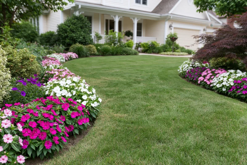 Neatly mowed green lawn bordered by colorful flowerbeds in front of a suburban house
