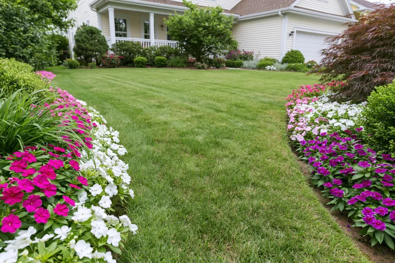Well-maintained suburban front yard with neatly mowed green lawn