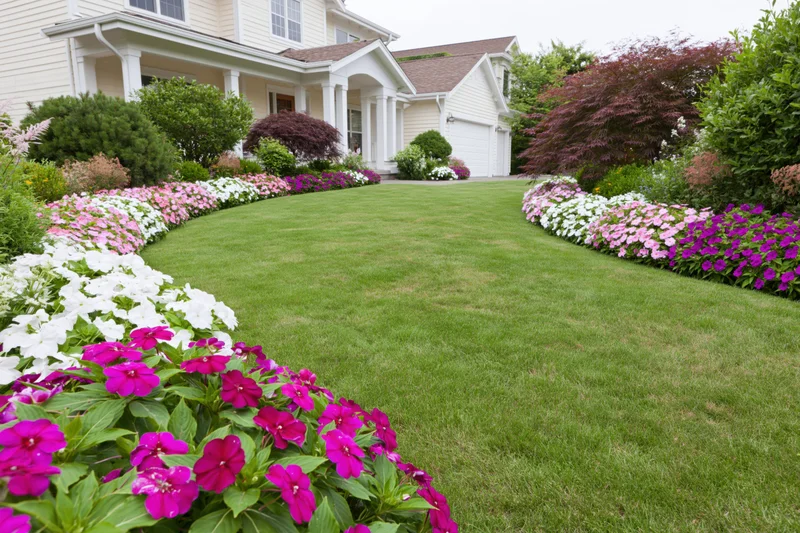 Well-maintained suburban front yard with mowed green lawn