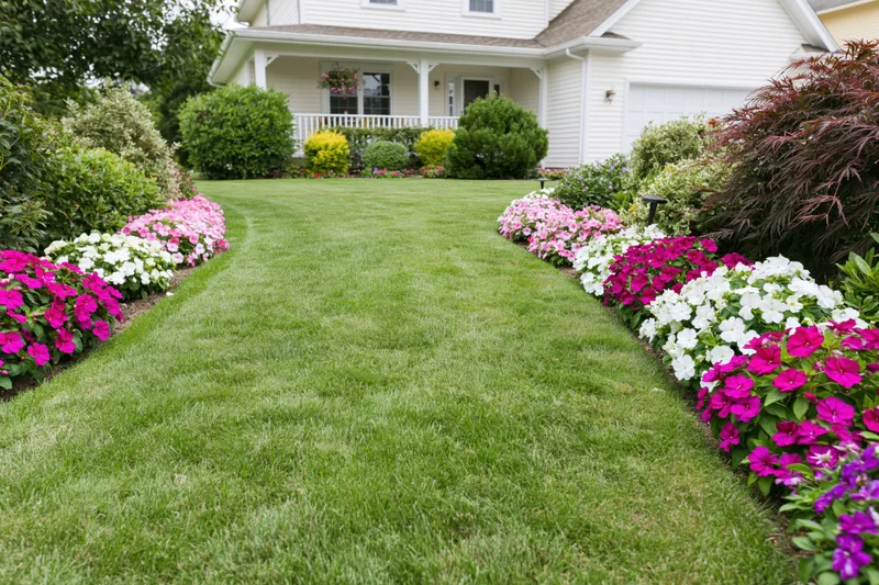 Neatly mowed green lawn bordered by rows of pink, white, and purple petunias leading to a white suburban house with front porch