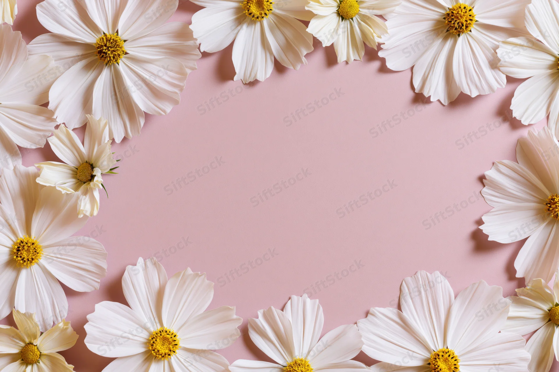 White cosmos flowers with yellow centers arranged in a flat lay frame on pink background with copyspace