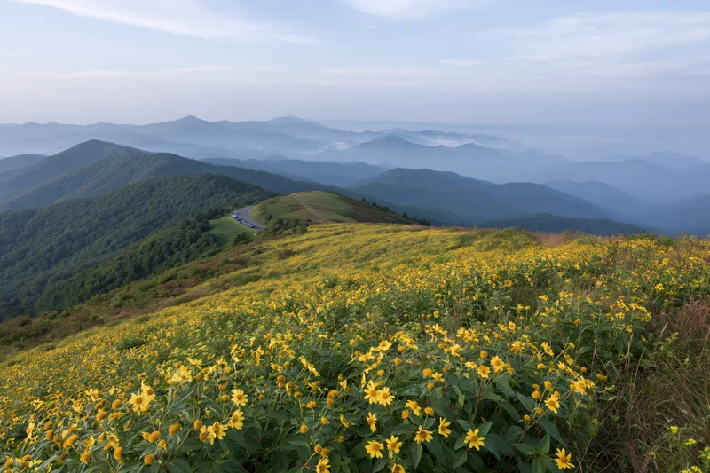 Dense field of wild sunflowers covering a hillside with layered mountains in the distance