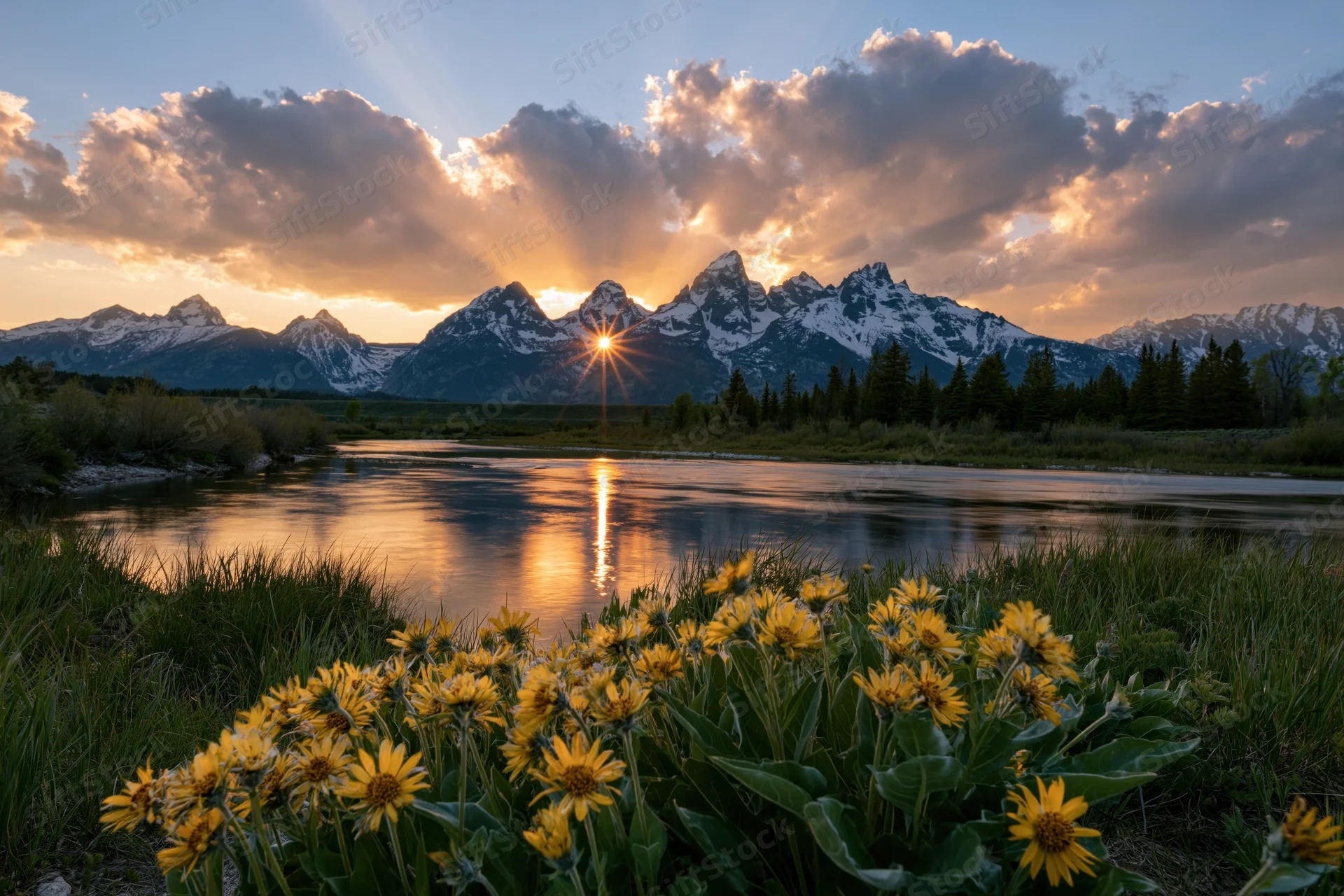 Snow-capped mountain range at golden hour reflected in a river with wildflowers in the foreground