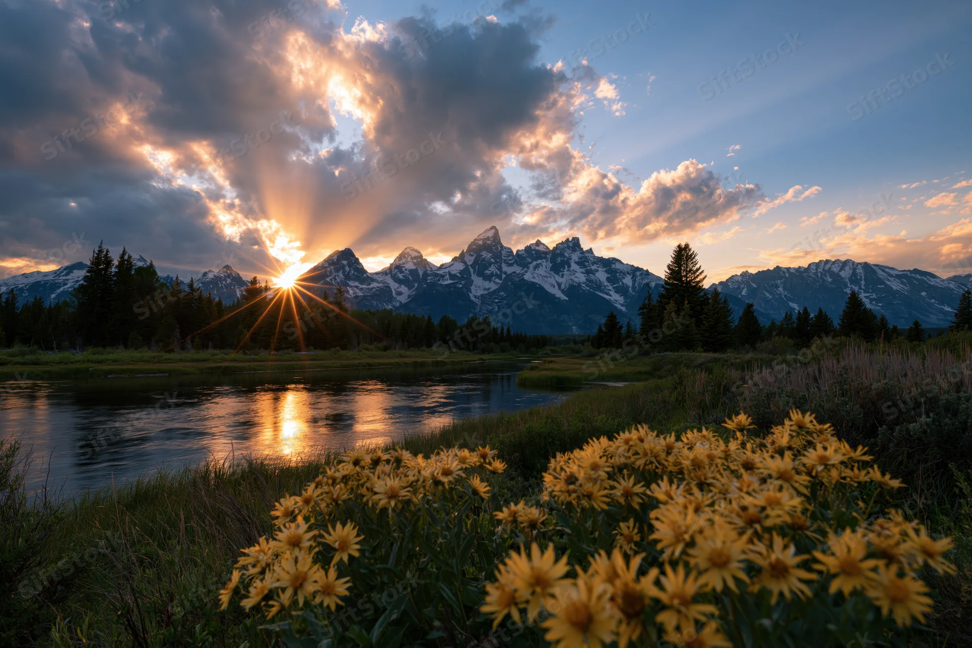 Snow-capped mountain range at golden hour reflected in a river with wildflowers in the foreground