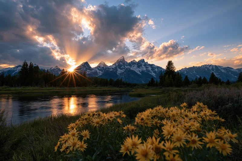Snow-capped mountain range at golden hour reflected in a river with wildflowers in the foreground
