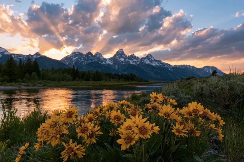 Snow-capped mountain range at golden hour reflected in river with yellow wildflowers in foreground