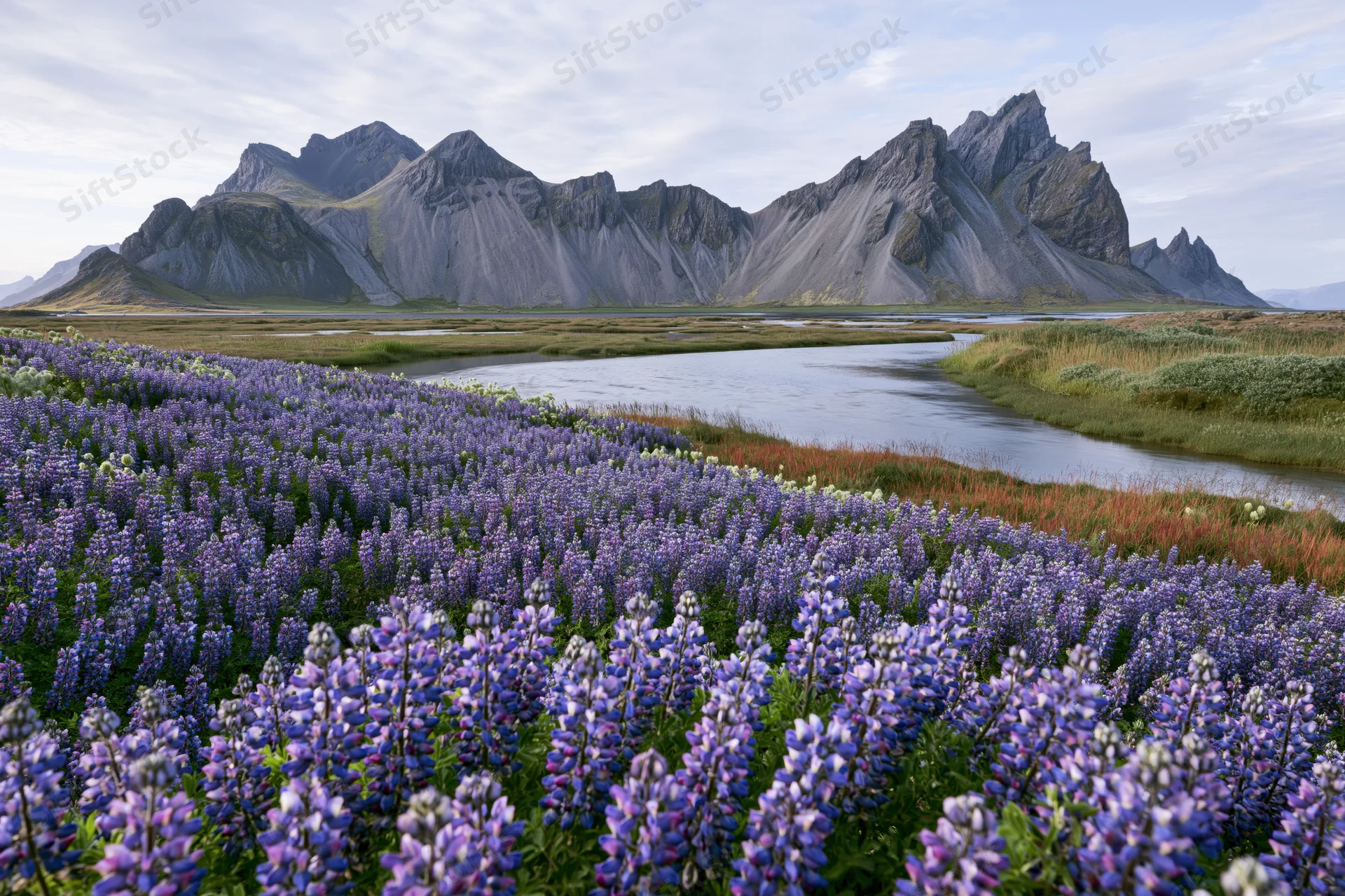 Dense field of purple and blue lupin flowers along a river in a mountain valley