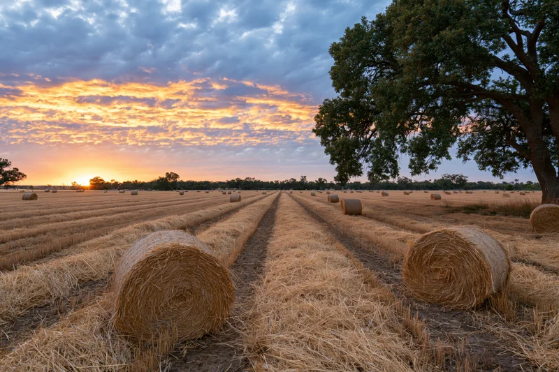 Harvested wheat field with hay bales arranged in rows under a sunset sky
