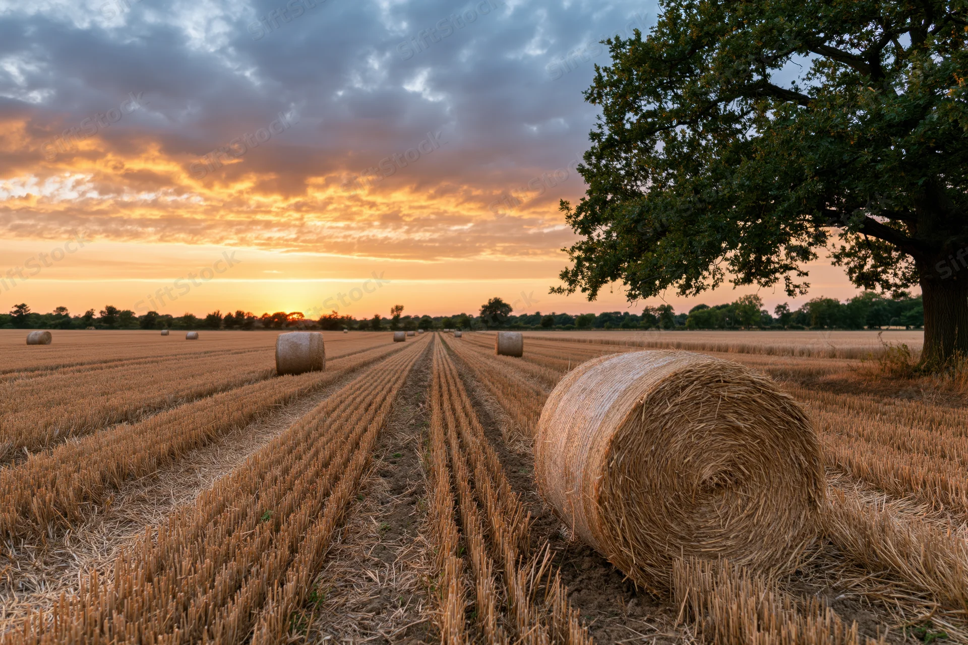 Harvested wheat field with hay bales arranged in rows under a sunset sky near a tree