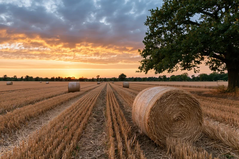 Harvested wheat field with hay bales arranged in rows under a sunset sky near a tree