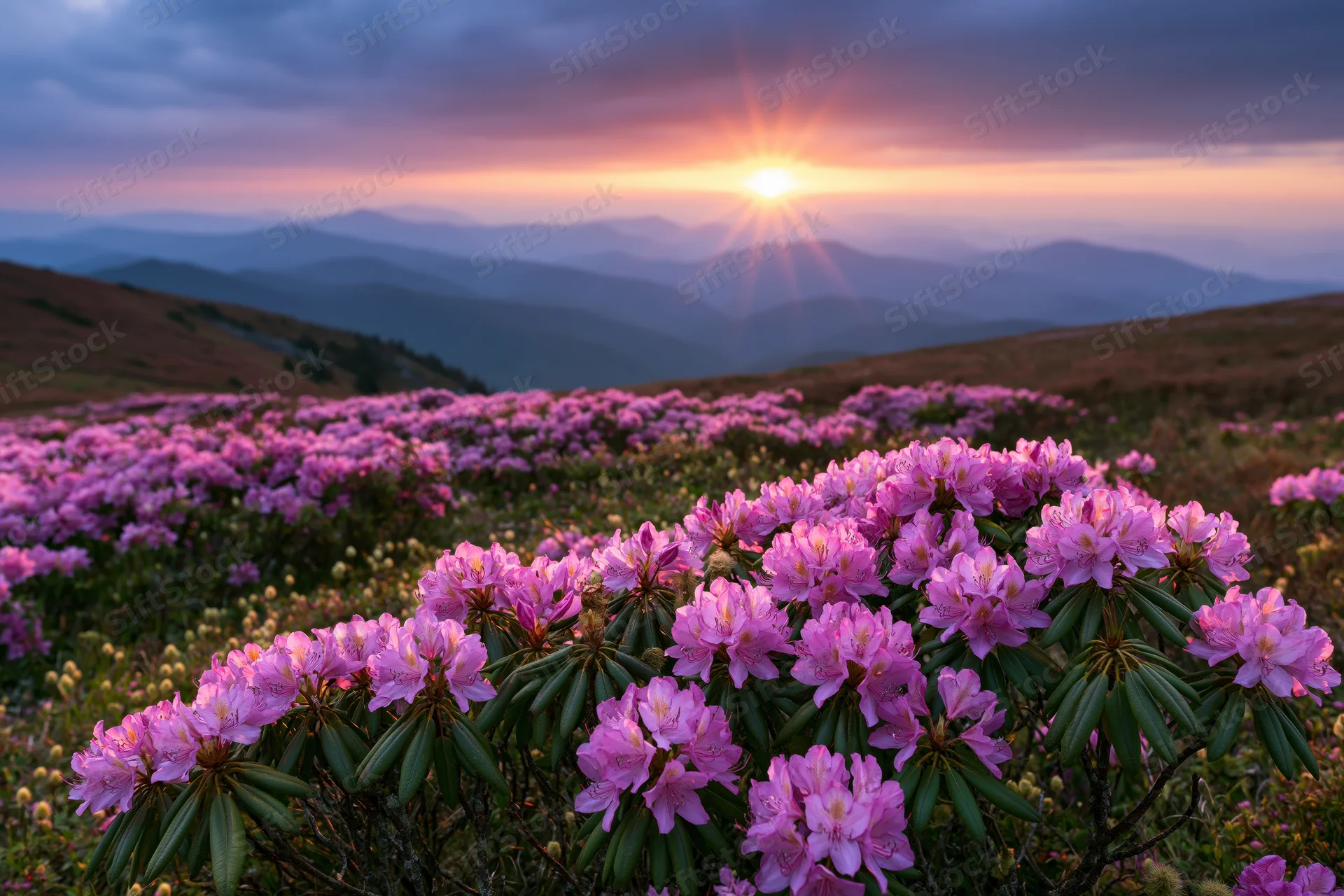 Blooming pink rhododendrons in alpine meadow at sunrise with mountain range in background