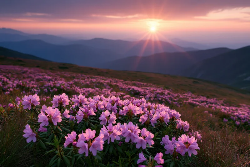 Blooming pink rhododendron flowers covering an alpine meadow at sunrise with mountains in the background