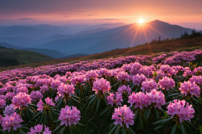 Alpine meadow covered in blooming pink rhododendrons at sunrise with mountains in the distance