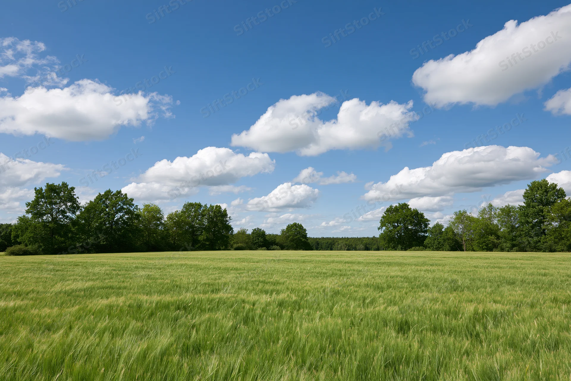 Green wheat field stretching to a tree line under a blue sky with scattered clouds in early summer