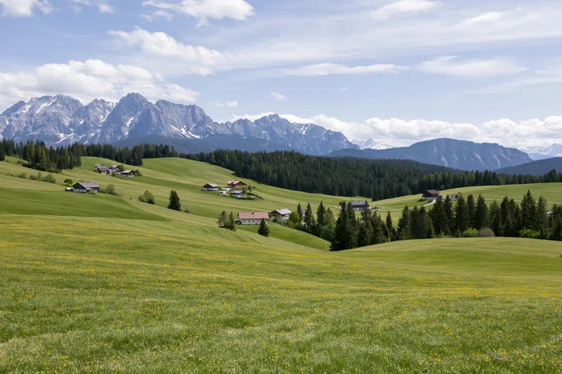 Rolling green meadows with scattered farmhouses and distant snow-capped mountains under a partly cloudy sky