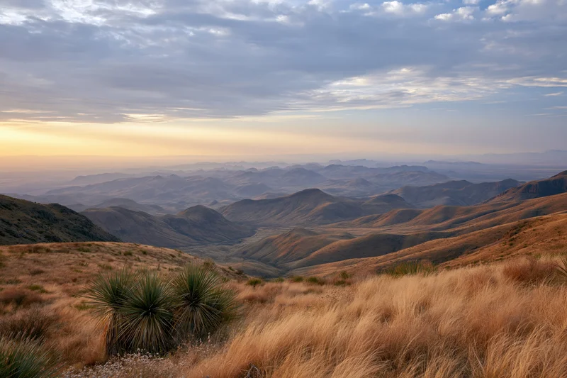 Wide view of a chihuahuan desert valley at sunset with rolling hills and sparse vegetation under a cloudy sky