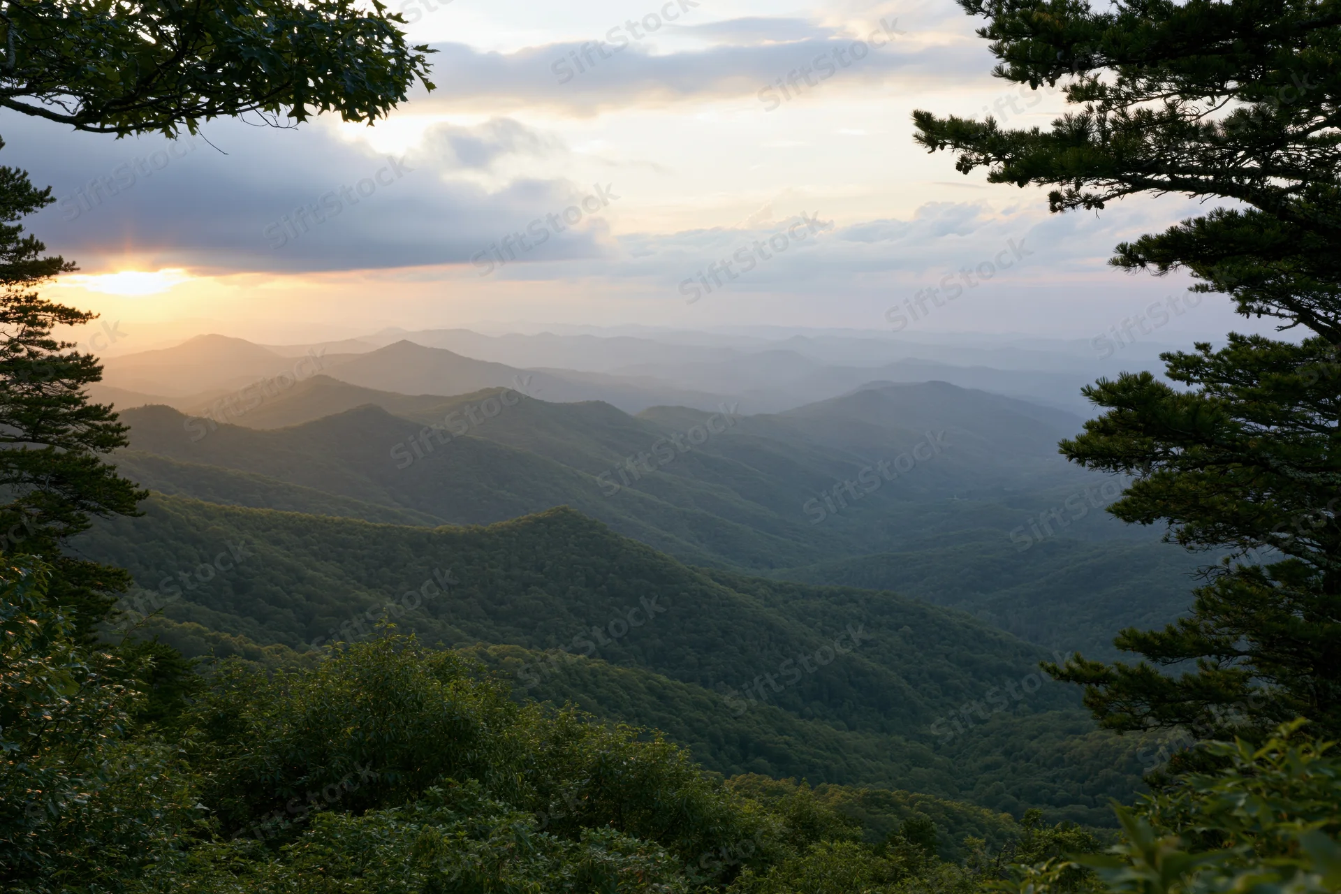 Layered green mountain ridges receding into the distance at sunset, framed by trees in the foreground