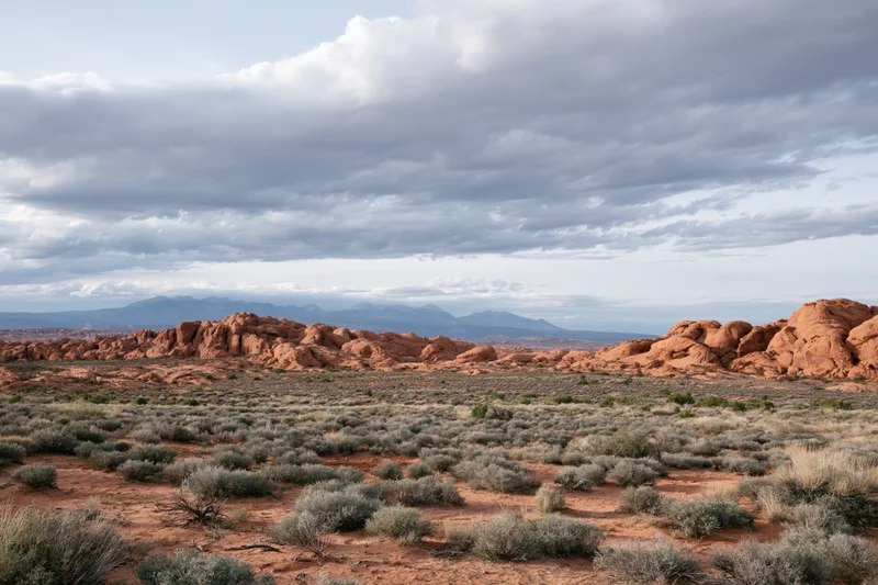 Red sandstone rock formations rising from desert scrub under cloudy sky