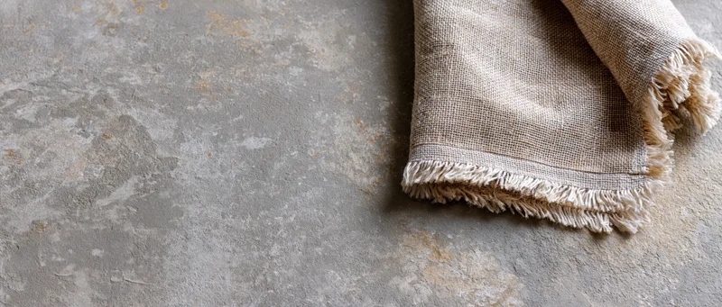 Folded linen cloth with frayed edges on a textured concrete surface