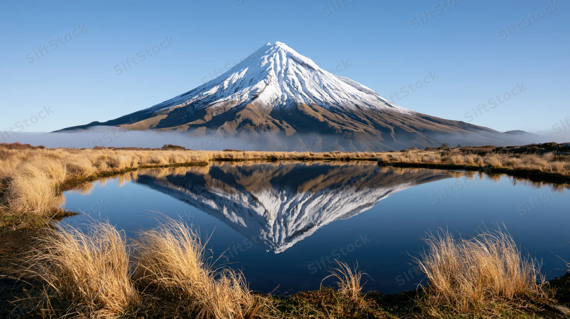Snow-capped mountain reflected in calm lake surrounded by dry grass field
