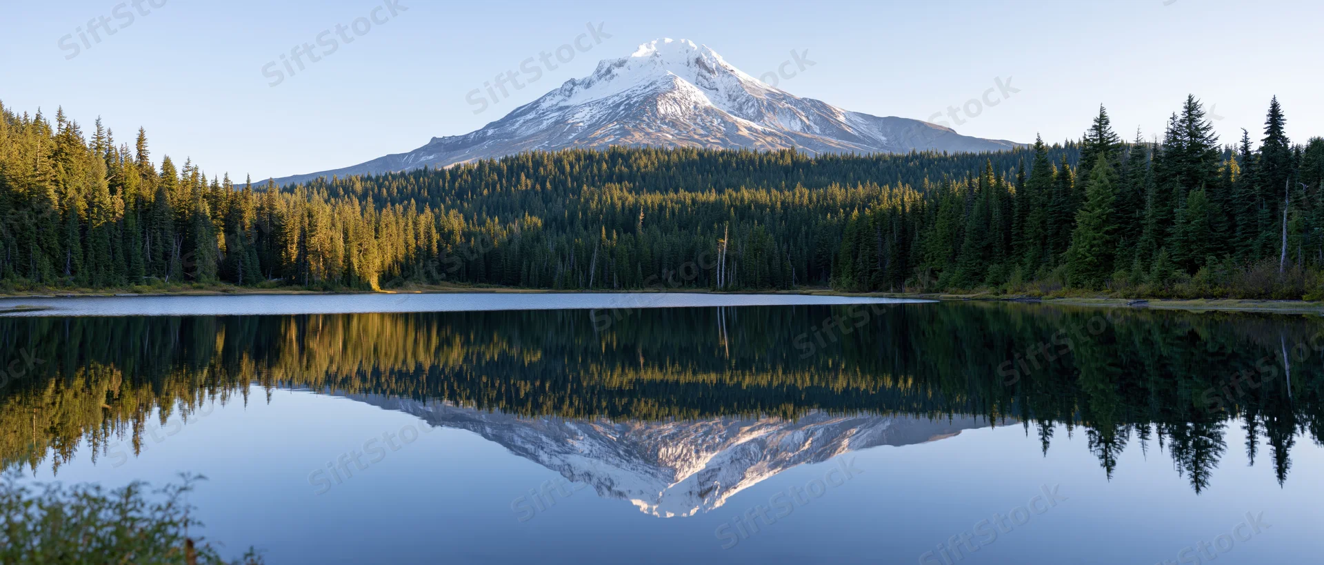 Snow-capped mountain reflected in calm lake surrounded by dense evergreen forest