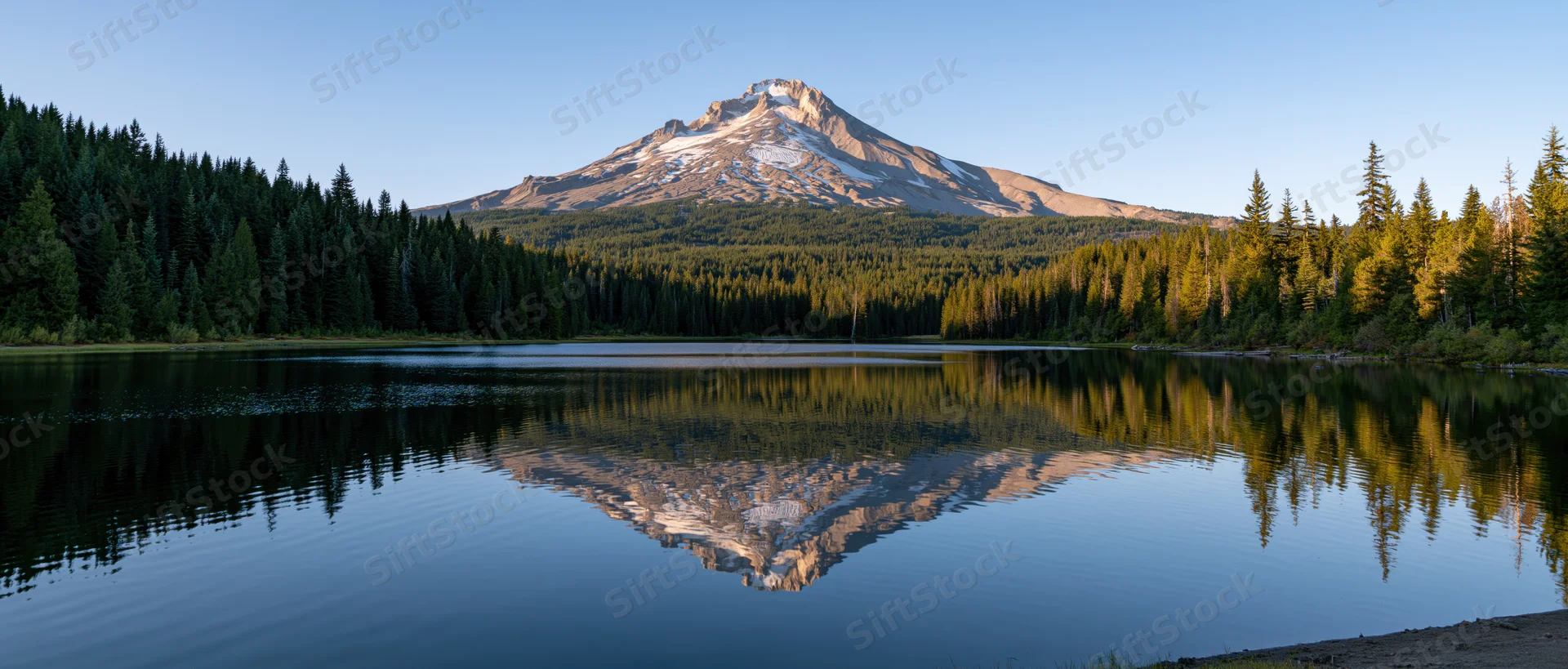 Snow-capped mountain reflected in calm lake surrounded by dense evergreen forest
