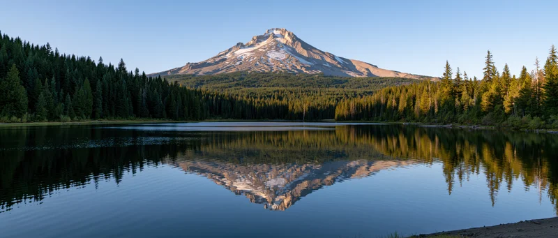 Snow-capped mountain reflected in calm lake surrounded by dense evergreen forest