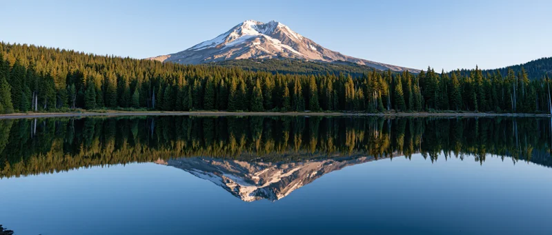 Snow-capped mountain reflected in calm lake surrounded by dense evergreen forest