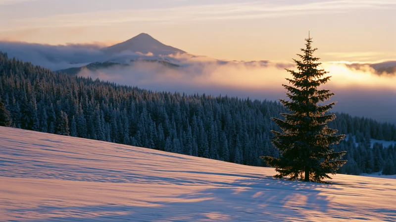 Snow-covered slope with a lone pine tree at sunset in a mountain forest