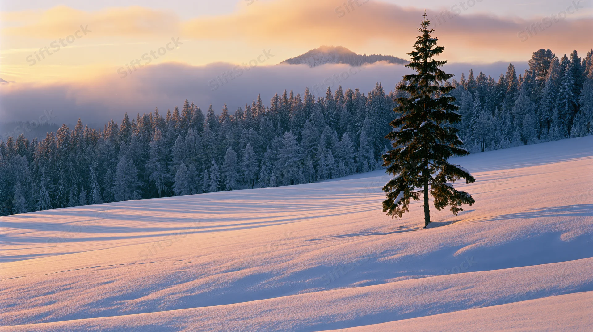 Snow-covered pine tree on a snowy slope at sunrise with forest and mountain in background