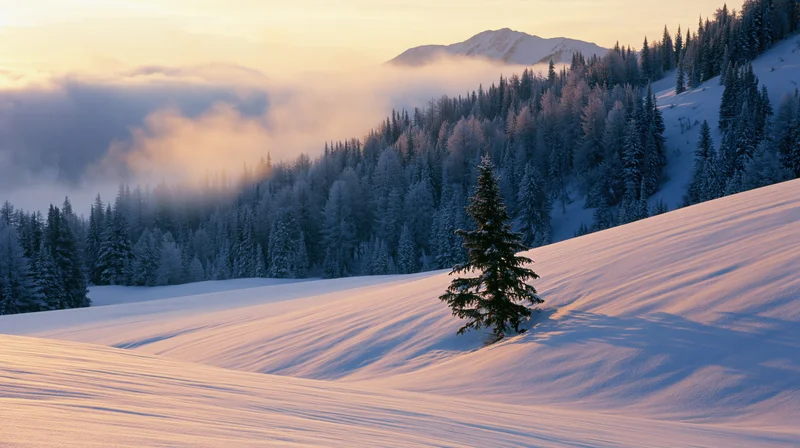 Snow-covered pine trees on a mountain slope at sunrise with fog in the valley