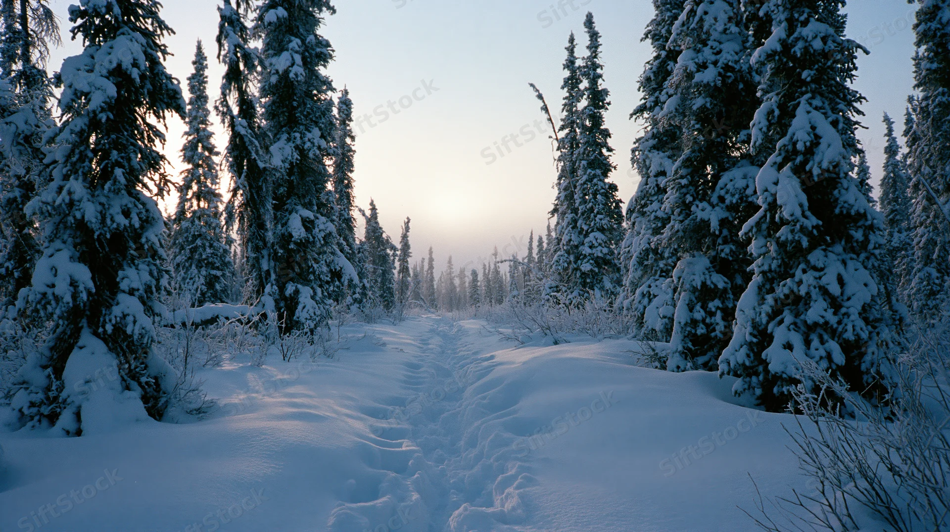Snow-covered path winding through a dense evergreen forest at dawn