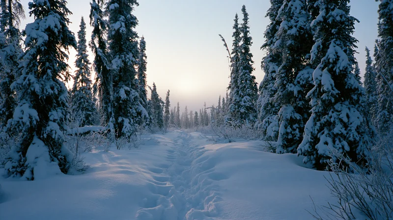 Snow-covered path winding through a dense evergreen forest at dawn