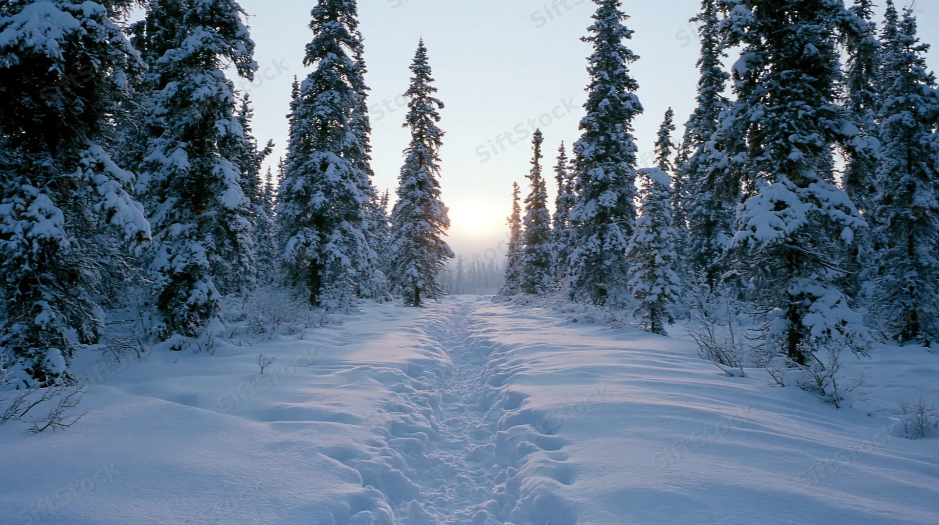 Snow-covered path through evergreen forest at sunrise