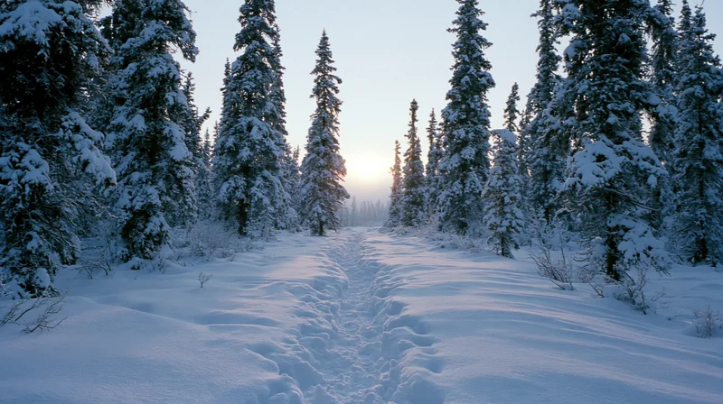 Snow-covered path through evergreen forest at sunrise