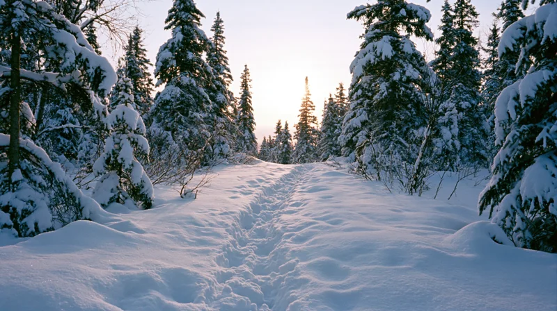 Snow-covered path winding through a dense evergreen forest at sunrise
