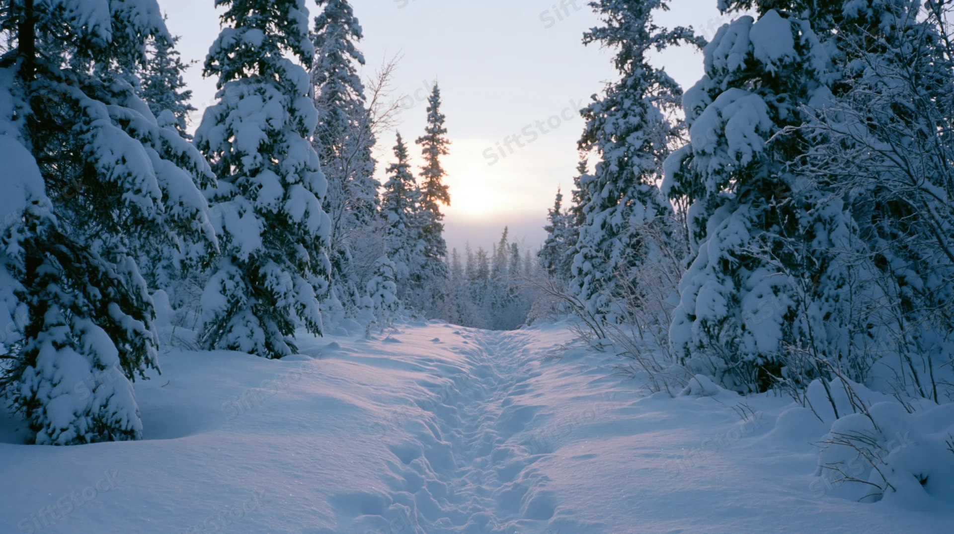 Snow-covered path through evergreen forest at sunrise