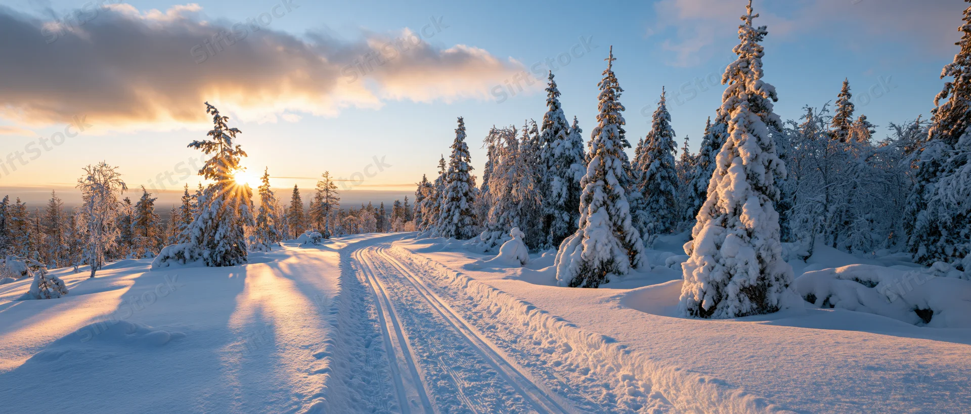 Snow-covered path winding through a pine forest at sunrise